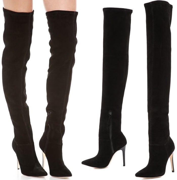 Semi-gloss leather shapes the streamlined profile of an impeccably sleek, over-the-knee boot.