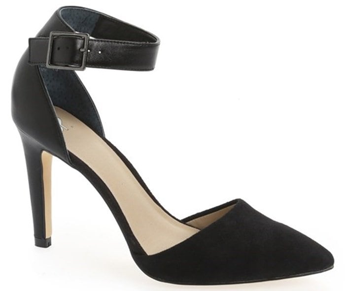 A versatile, elegant pump is cut from a tonal mix of leather and suede with a pointed toe and a bold buckle strap at the ankle