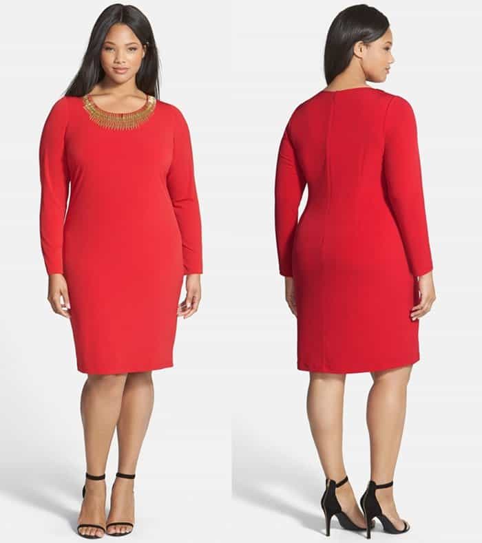 Calvin Klein Embellished Neck Matte Jersey Sheath Dress