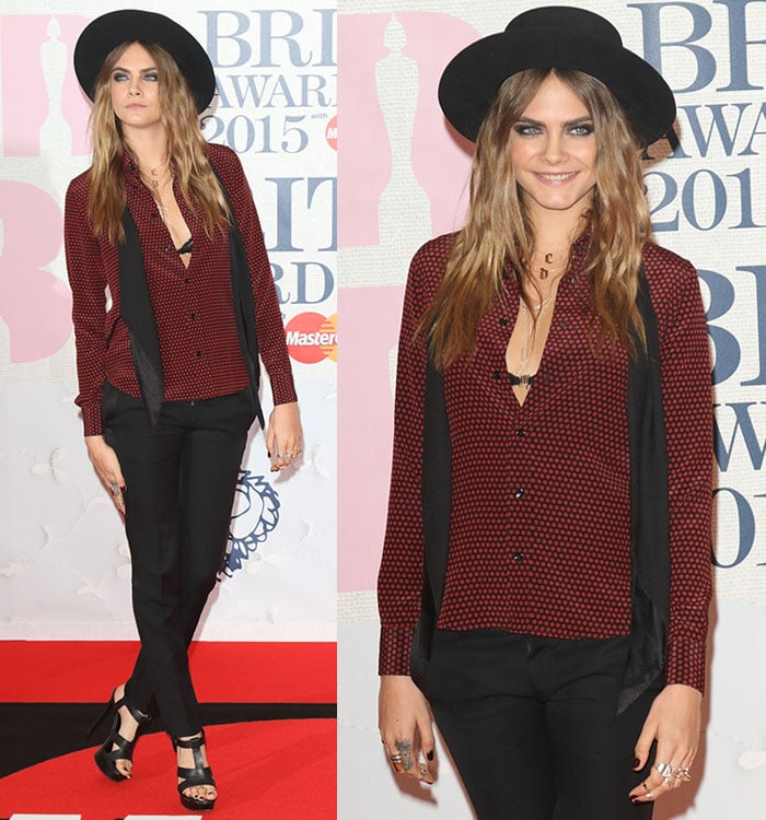 Cara Delevingne channeling Harry Styles at the 2015 BRIT Awards