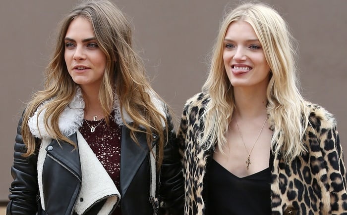 Cara Delevingne and Lily Donaldson at the Autumn/Winter 2015 Burberry presentation in London on February 23, 2015