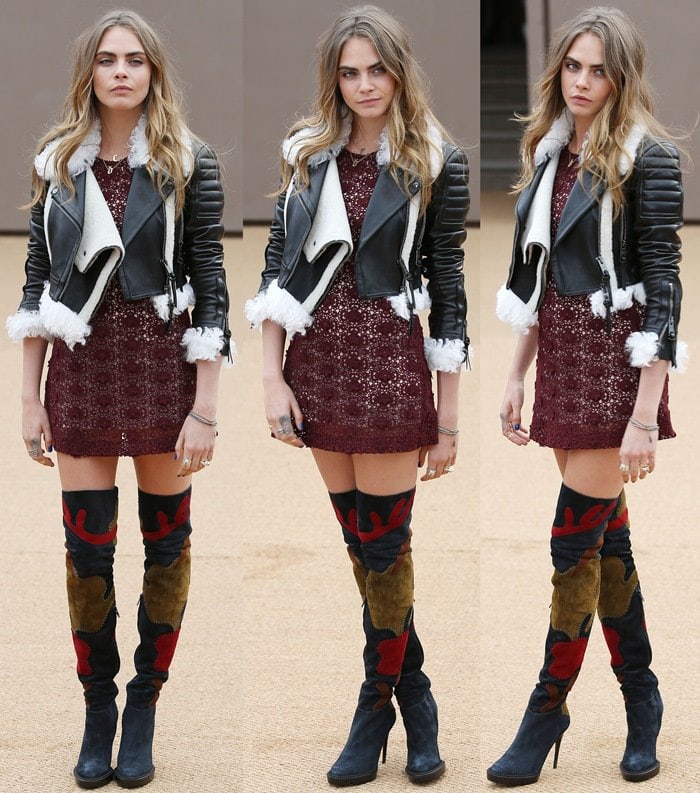 Cara Delevingne's red lace mini dress and Burberry over-the-knee boots