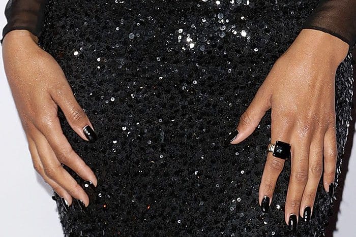 Ciara's black John Hardy square-cut ring matching her black nails and black Pamella Roland sequined gown