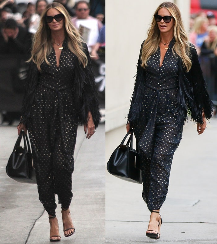 Elle Macpherson's sheer gold dotted jumpsuit from Stella McCartney featuring long gathered bubble sleeves