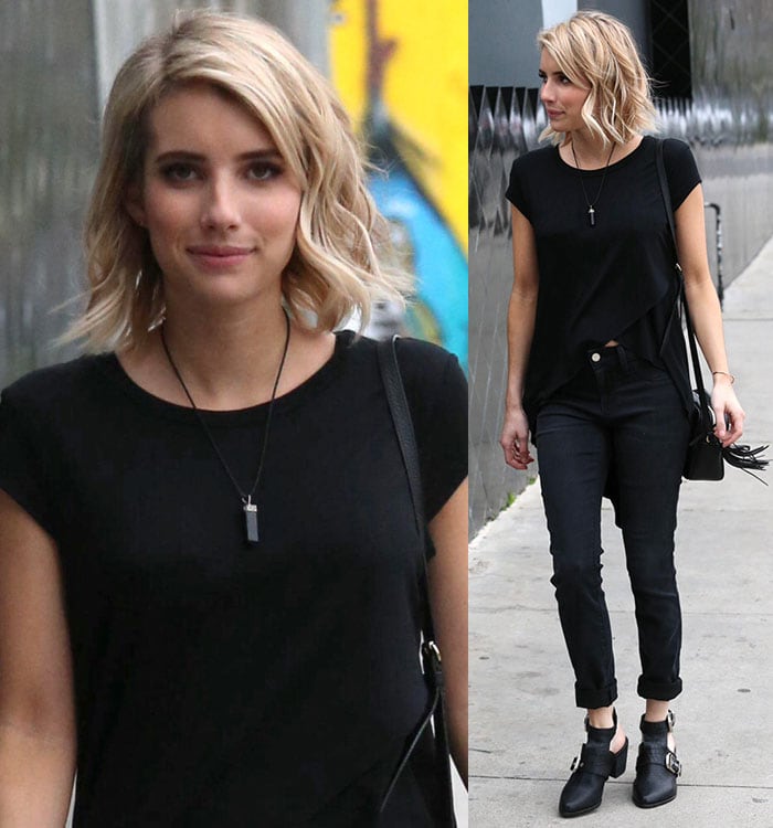 Emma Roberts wears rolled-up black skinny jeans while shopping at Urban Outfitters in Los Angeles on January 28, 2015