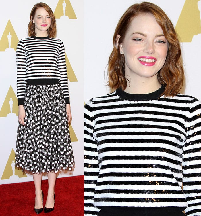 Emma Stone wearing Michael Kors top and skirt and Christian Louboutin pumps at the Oscars Nominees Luncheon held at The Beverly Hilton in Los Angeles on February 2, 2015