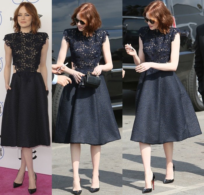 Emma Stone attended the Film Independent Spirit Awards on February 21, 2015, wearing a Monique Lhuillier guipure lace textured jacquard A-line dress, accessorized with an M2malletier Mini Fabricca Bag, Oliver Peoples Ennis Sunglasses, Repossi Harvest and Antifer rings, and Christian Louboutin So Kate pumps in black patent
