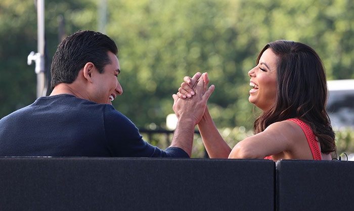 Eva Longoria chats with Extra host Mario Lopez in Los Angeles on February 4, 2015