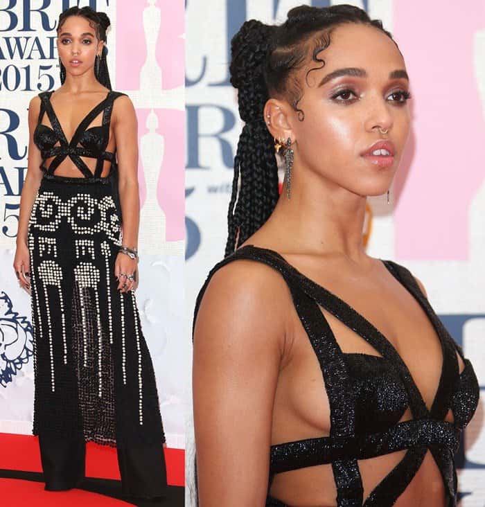FKA Twigs sporting a striking Alexander McQueen Spring 2015 embellished dress over flared trousers at the 2015 BRIT Awards