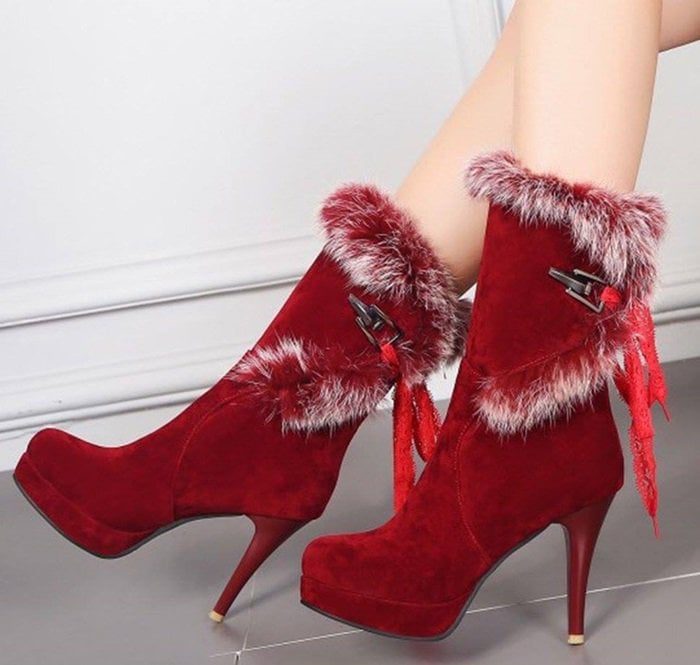 Burgundy Fluffy Midcalf Platform Boots