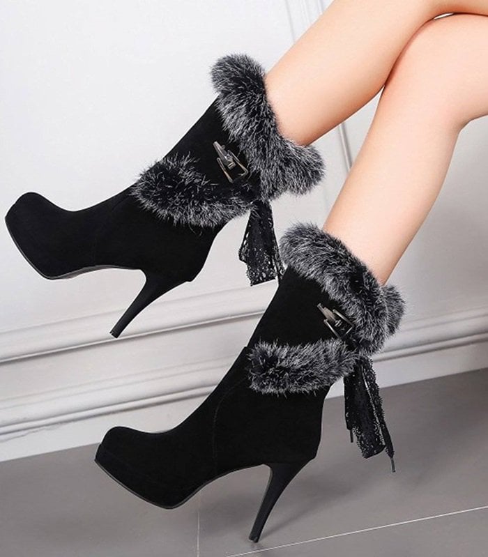 Black Fluffy Midcalf Platform Boots