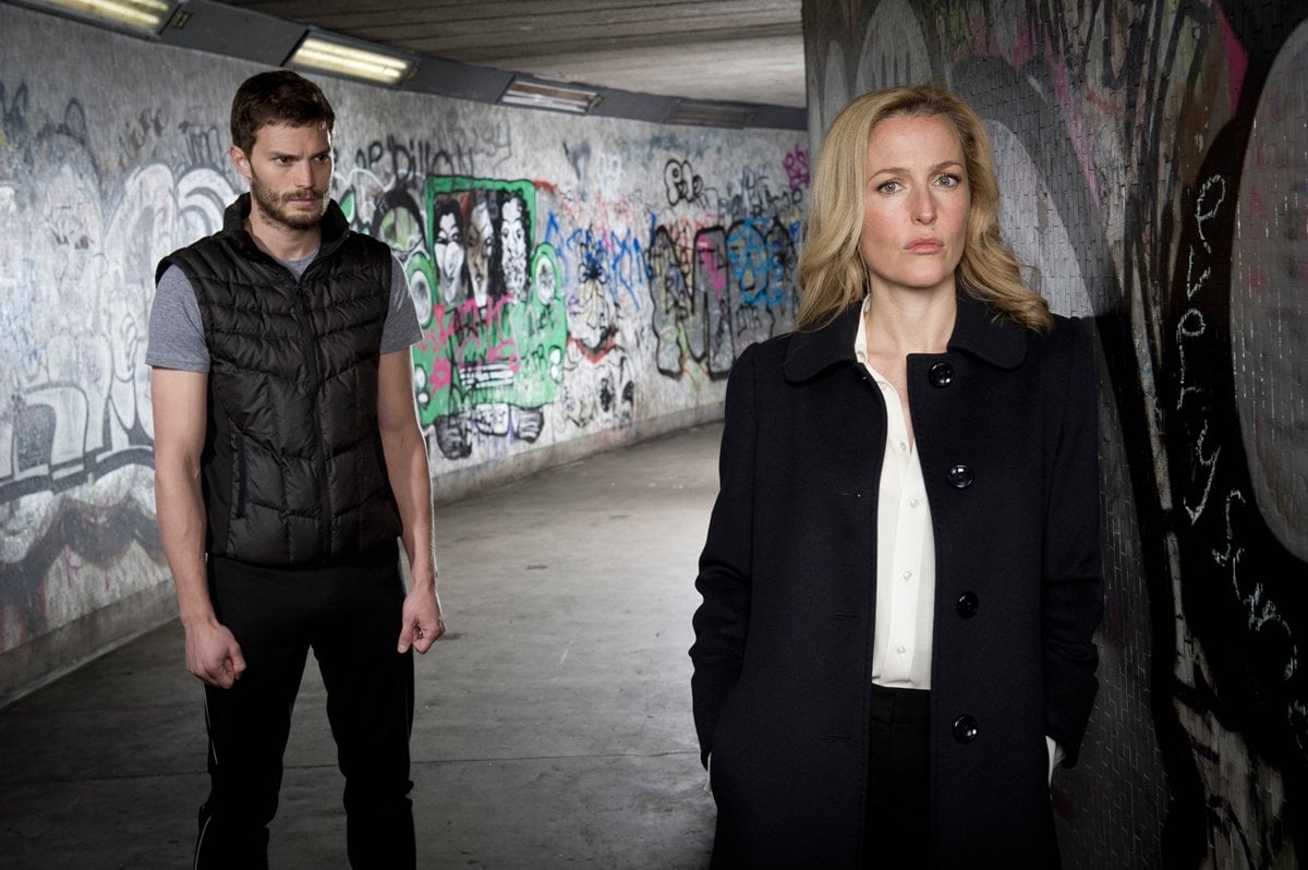Gillian Anderson as DSU Stella Gibson and Jamie Dornan as Peter Paul Spector in the crime drama television series The Fall