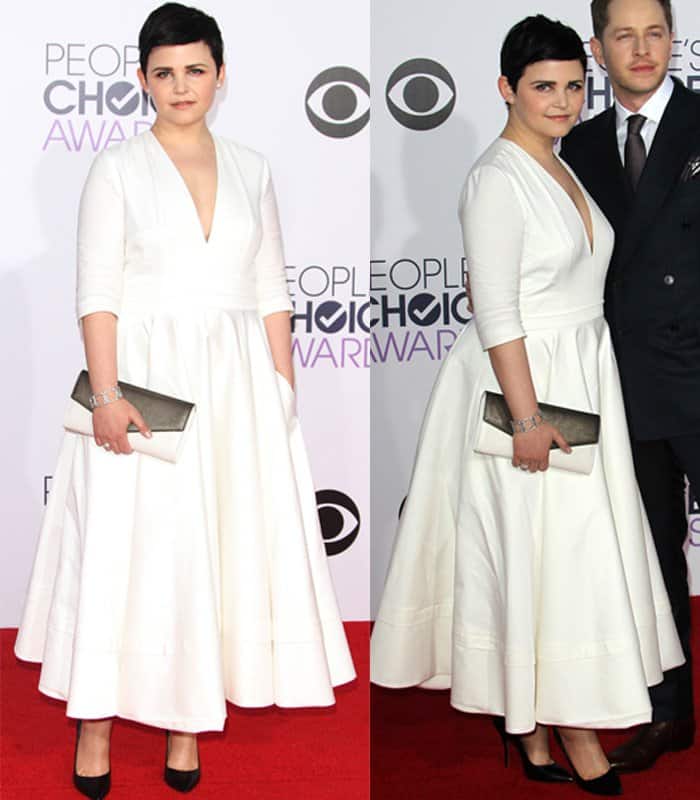 Ginnifer Goodwin wears a Delphine Manivet dress, Palter DeLiso shoes, a Jil Milan clutch, a Cathy Waterman bracelet, and earrings and rings by Melinda Maria and Melissa Kaye Jewelry
