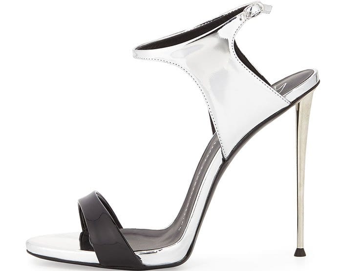 Black Patent/Metallic Silver Ankle-Wrap Sandals