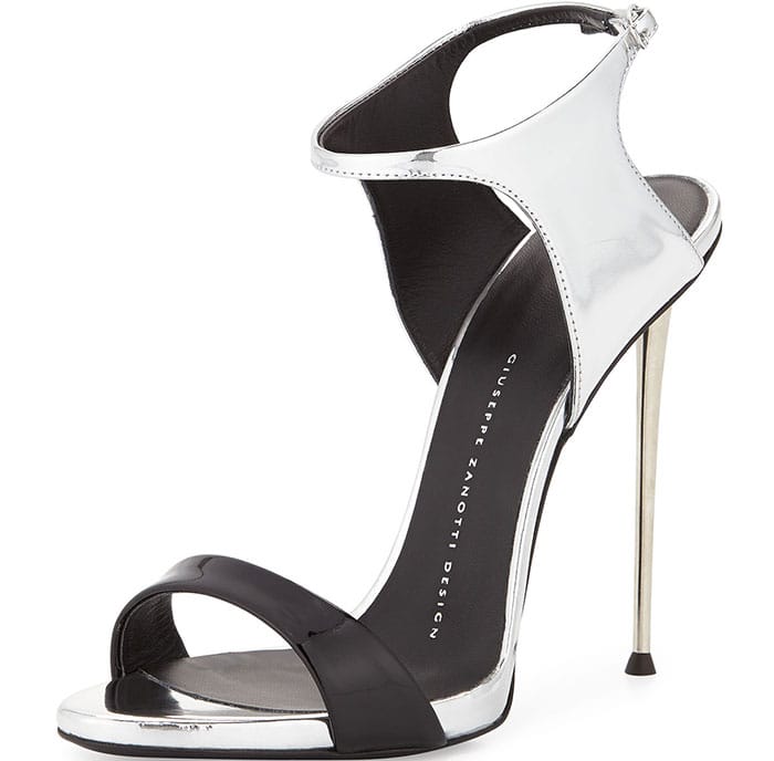 Black Patent/Metallic Silver Ankle-Wrap Sandals