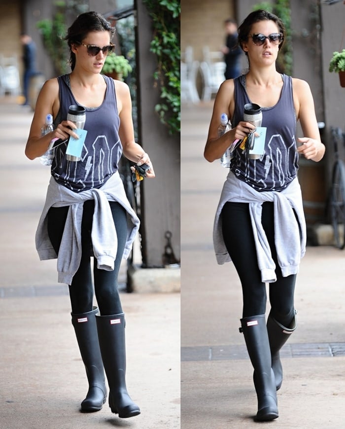 Alessandra Ambrosio wearing Hunter boots while leaving a gym