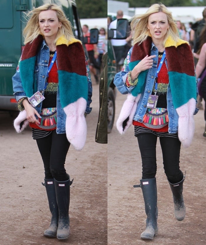 Fearne Cotton wearing Hunter boots at the 2014 Glastonbury Festival