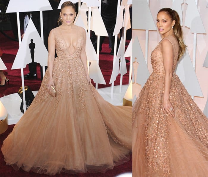 Jennifer Lopez stuns in a bejeweled, plunging neckline Elie Saab Haute Couture gown at the 87th Annual Oscars