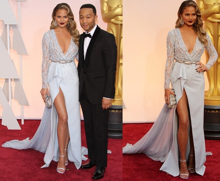 Chrissy Teigen's pale blue dress with a thigh-high slit and beaded bodice detailing