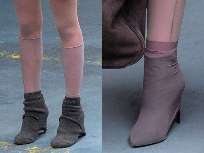 Socks and stockings stretched over the shoes at the Yeezy fashion show