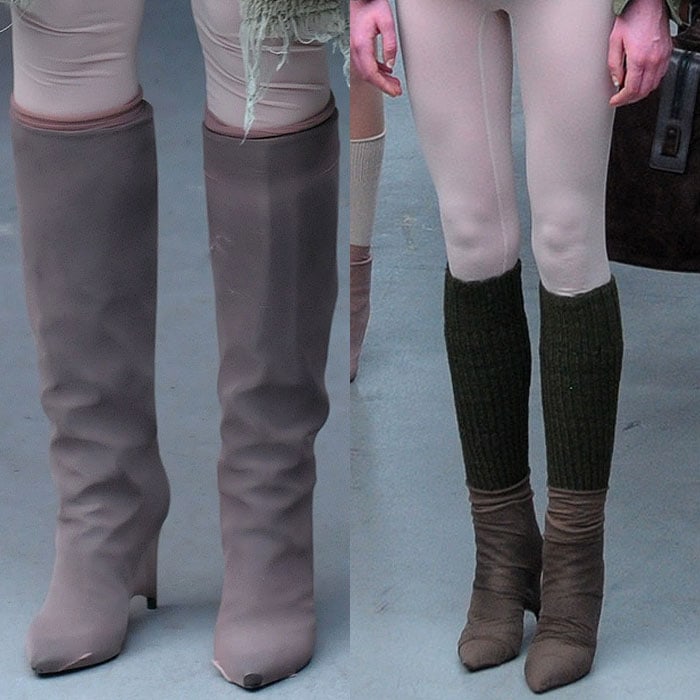 Socks and stockings stretched over the shoes at the Yeezy fashion show