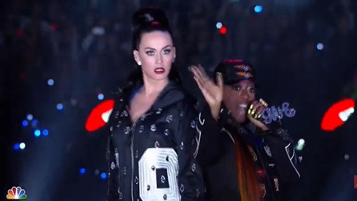 Katy Perry performing with Missy Elliott at the 2015 Super Bowl Halftime Show