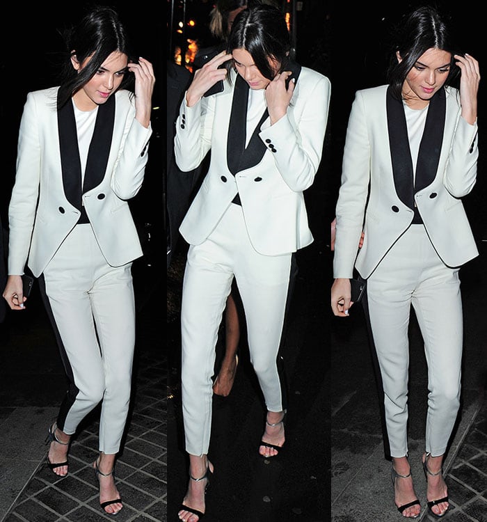 Kendall Jenner in high-waisted pants at a Mr. Chow restaurant