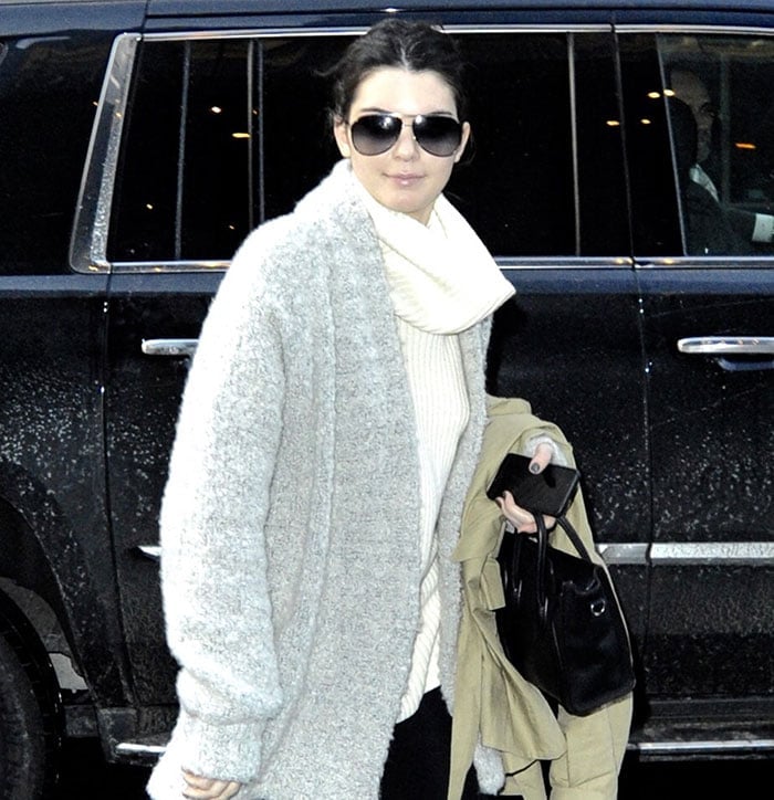 Kendall Jenner wears a gray furry coat in Manhattan