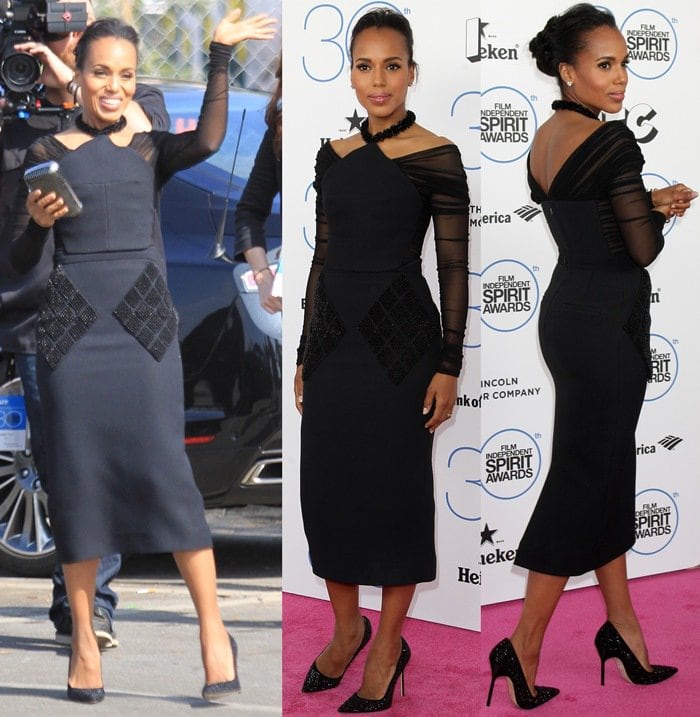 Kerry Washington's Balenciaga dress with geometric lines and tonal embellishment at the neckline