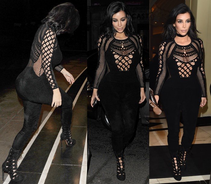 Braless Kim Kardashian in a one-piece cut-out jumpsuit from the Julien MacDonald Autumn/Winter 2015 collection and Azzedine Alaïa booties