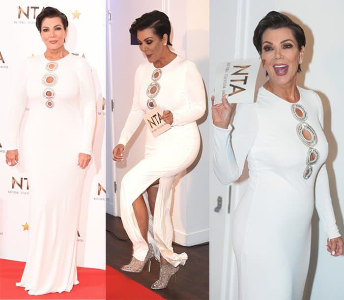 Kris Jenner wore a white Emilio Pucci crystal circle cutout gown at the National Television Awards