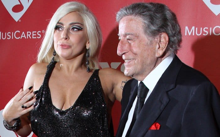 Lady Gaga and Tony Bennett share a moment on the red carpet at the MusiCares 2015 Person Of The Year Gala honoring Bob Dylan