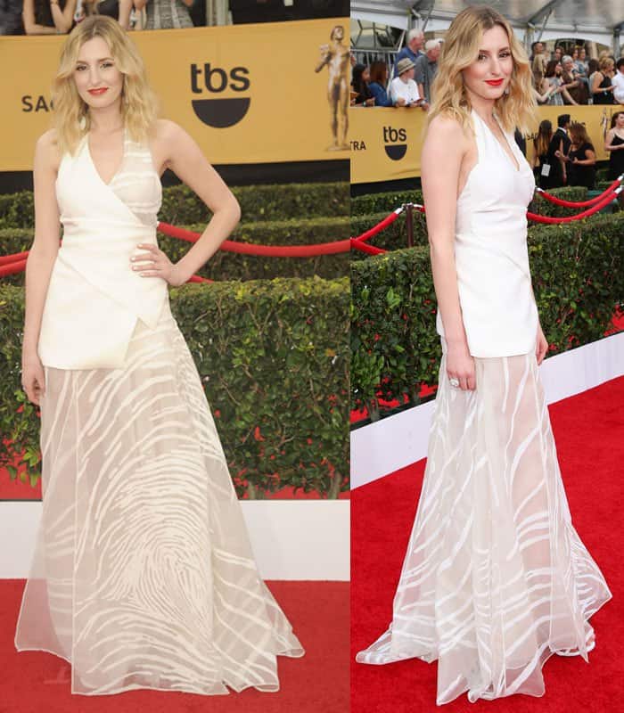 Laura Carmichael wearing a white Vionnet dress, Stuart Weitzman shoes, and a Rauwolf clutch