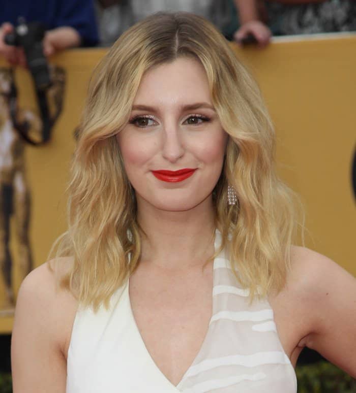 Actress Laura Carmichael with sexy red lips at the 21st Annual Screen Actors Guild Awards