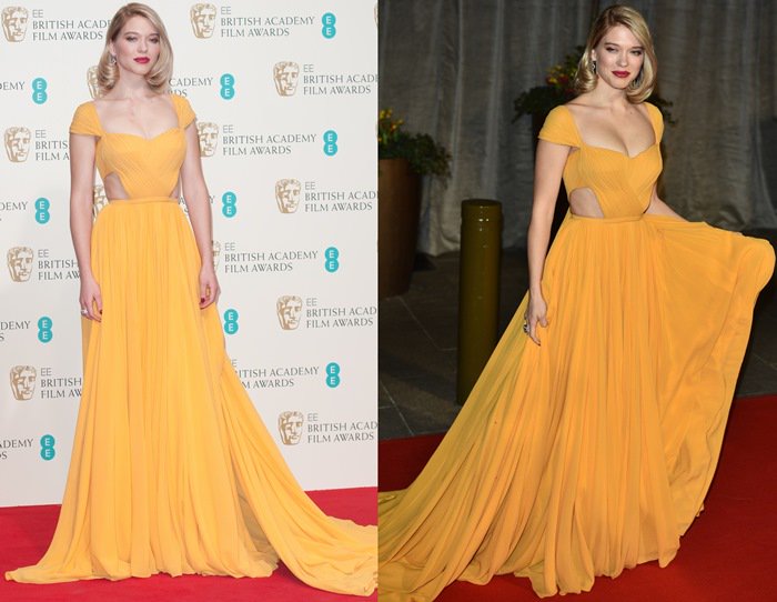 Léa Seydoux's yellow Prada dress with cap sleeves and cut-outs at the waist