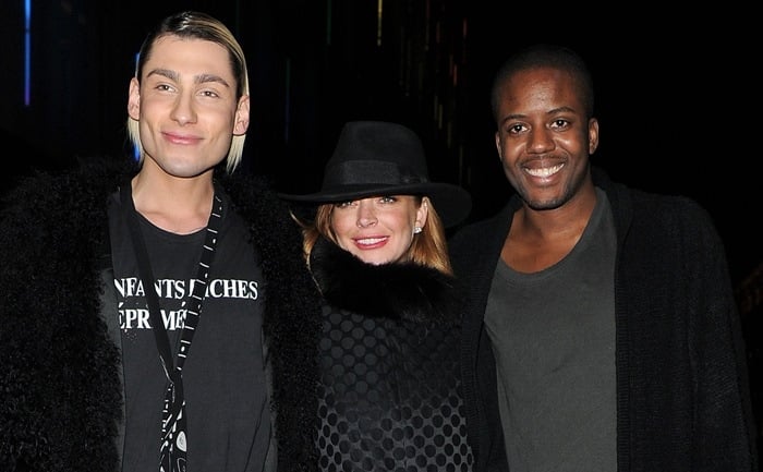 Lindsay Lohan spotted on a night out in Soho with Vas J Morgan and Kyle De'Volle on February 20, 2015 in London, England