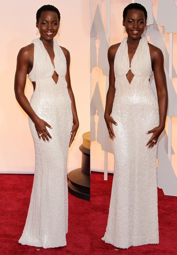 Lupita Nyong'o in a pearl-encrusted Calvin Klein Collection dress at the 87th Annual Oscars