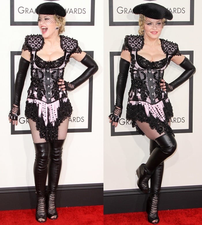 Madonna wearing fingerless arm gloves, black fishnets, and over-the-knee boots