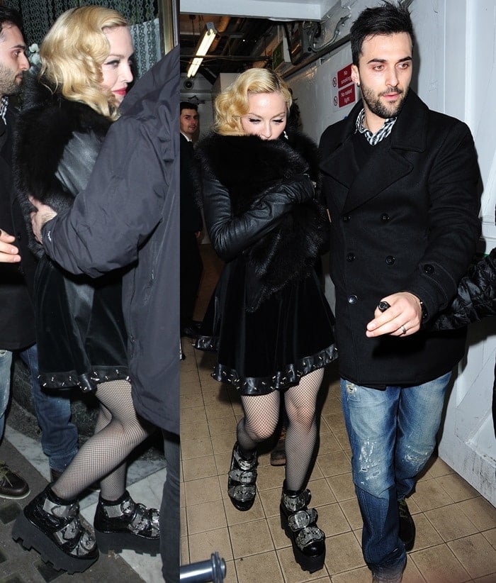 Madonna wears a short skirt and fishnet stockings as she arrives at a party in London