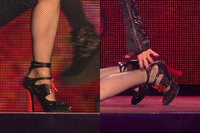 Innocent: Madonna's triple-strap lace-up pumps with red block heels