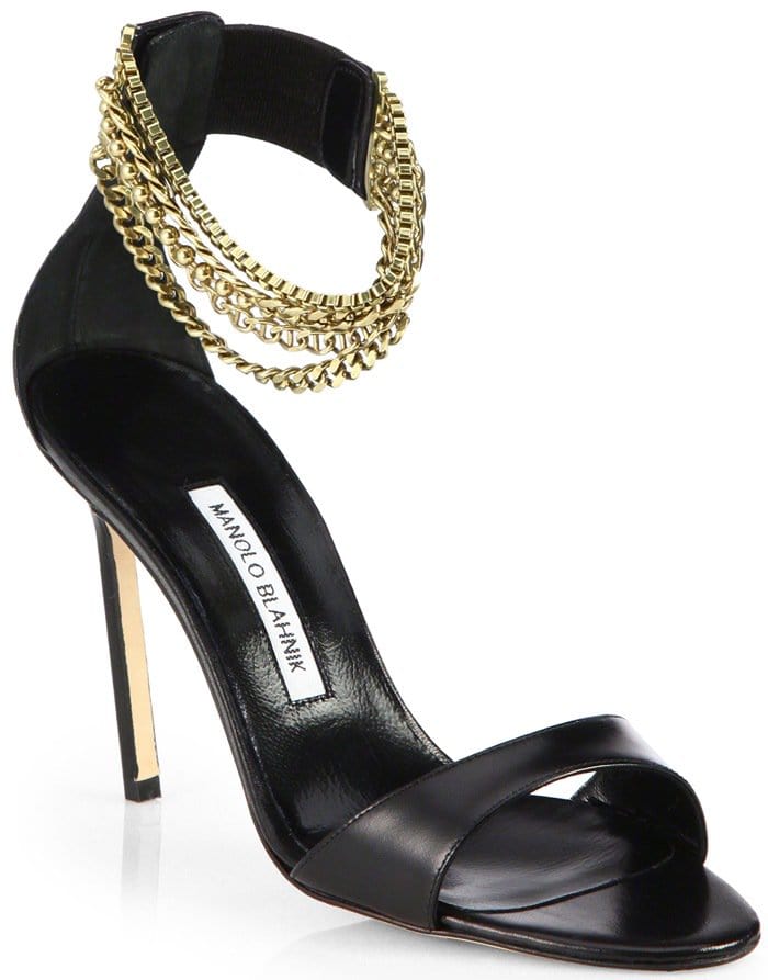 Manolo Blahnik Black Evolu Leather Chain-Strap Sandals