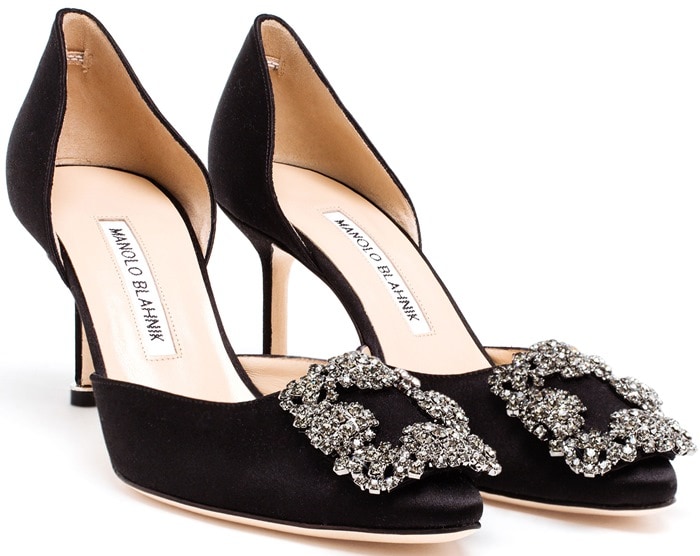 Manolo Blahnik Black Hangisi Embellished Satin Mid-Pumps