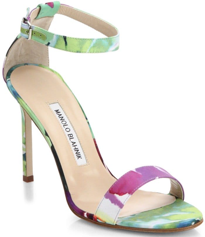 Manolo Blahnik Multicolor Chaos Floral Satin Ankle-Strap Sandals