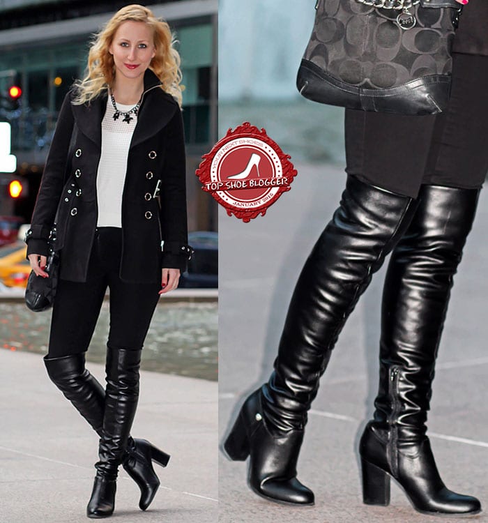 Megan's black coat and over-the-knee leather boots