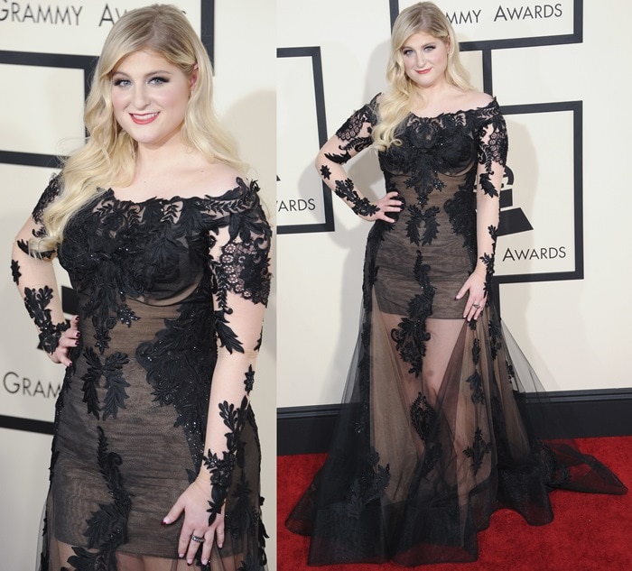 Meghan Trainor opted for a sheer black Galia Lahav gown adorned with floral lace appliqués, channeling a gothic romance vibe, though the lingerie-inspired look left critics divided