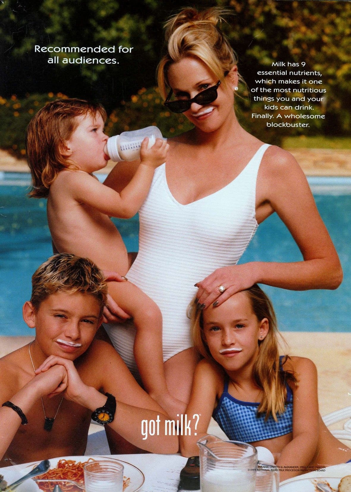 Melanie Griffith with her children: Alexander Bauer (dad is Steven Bauer), Stella del Carmen Banderas Griffith (dad is Anotonio Banderas), and Dakota Johnson (dad is Don Johnson) in a 1998 advertisement for Got Milk?