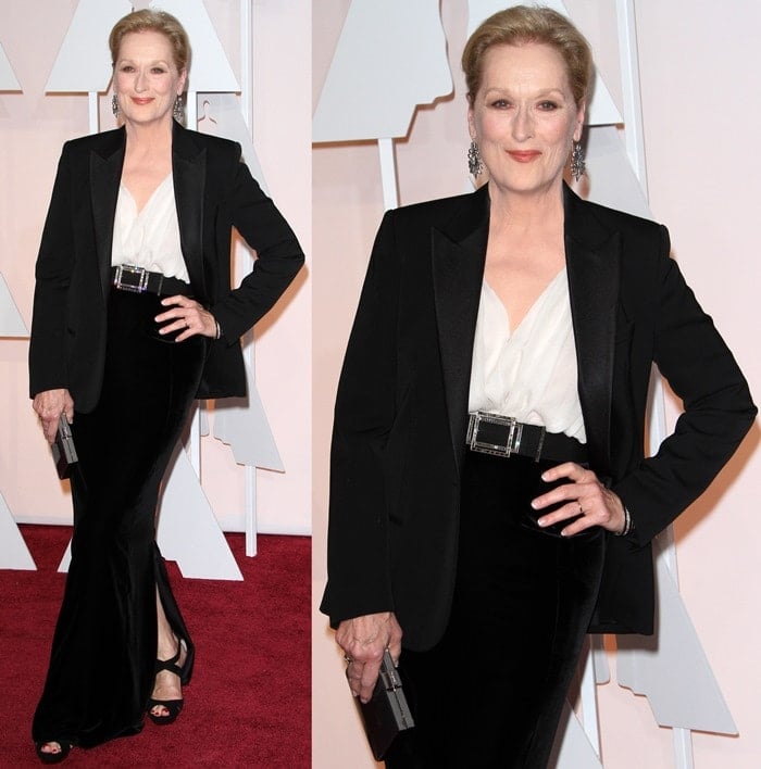 Meryl Streep flashed some leg in a timeless tuxedo jacket, a white blouse, and a column skirt