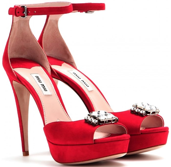 Miu Miu Red Embellished Suede Platform Sandals