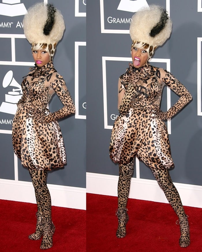 Nicki Minaj in a crazy leopard outfit from the Givenchy Fall 2007 Couture collection complete with matching boots and leggings