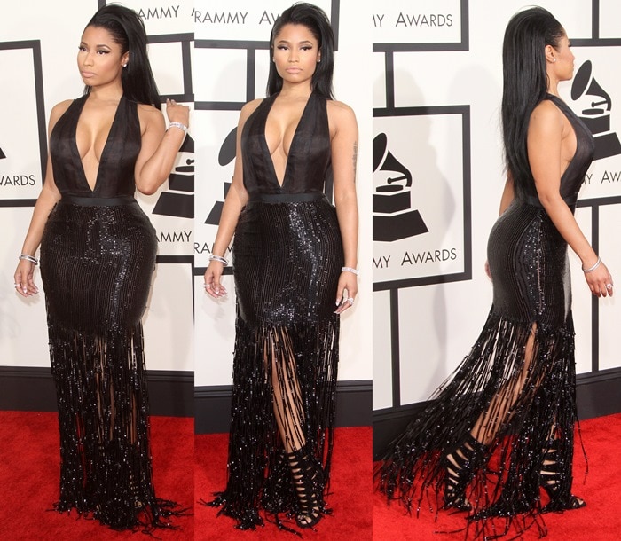 Nicki Minaj wears a black sparkling Tom Ford dress on the red carpet of the Grammys